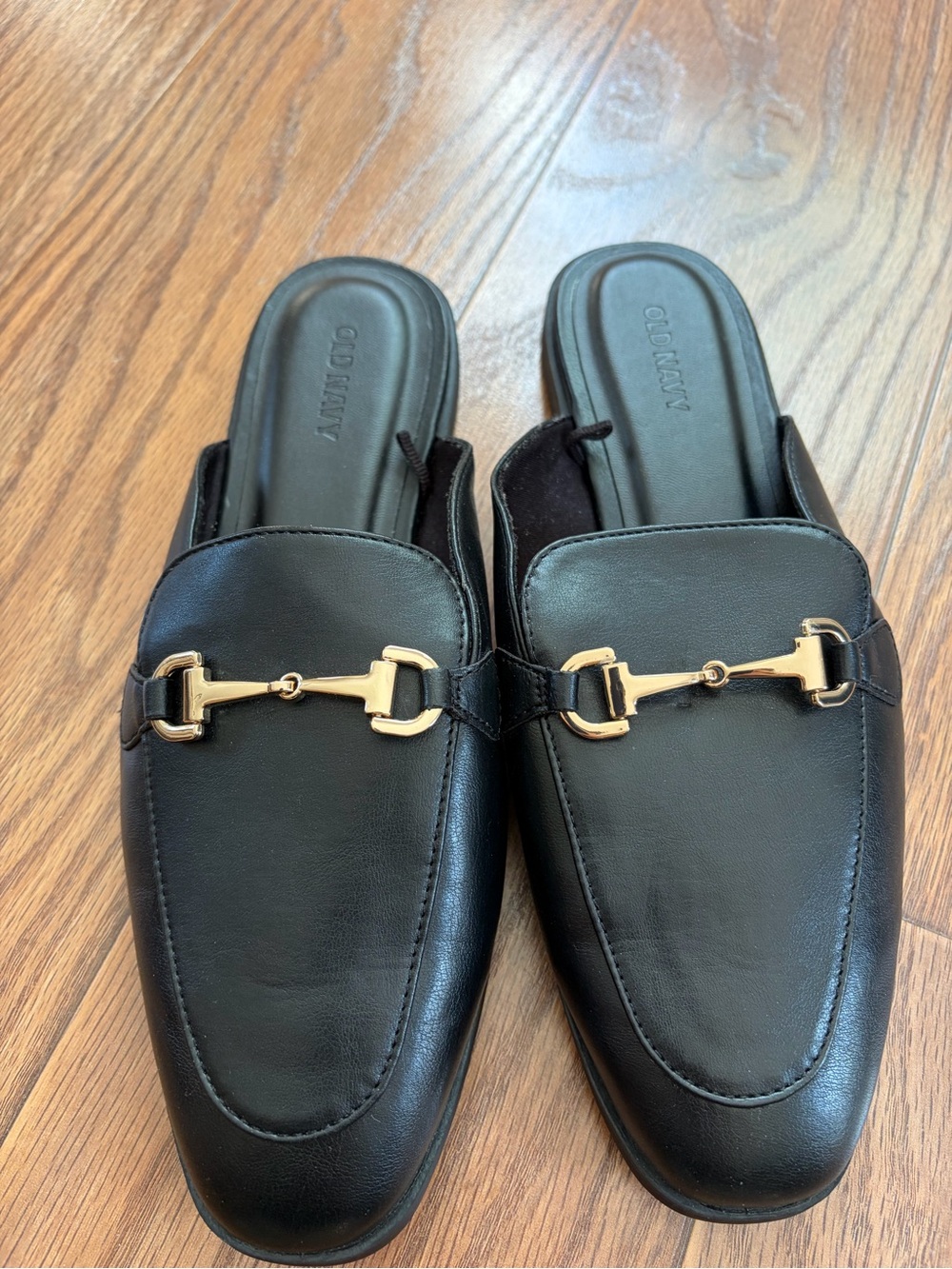 Old Navy Black Faux Leather Mules with Gold Horsebit